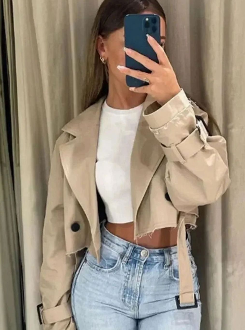 Women's Short Beige Trench Coat Cropped Long-Sleeve Jacket