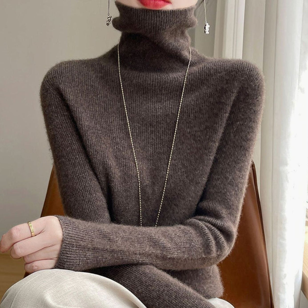 Women's Slim-Fit Ribbed Turtleneck Knit Jumper