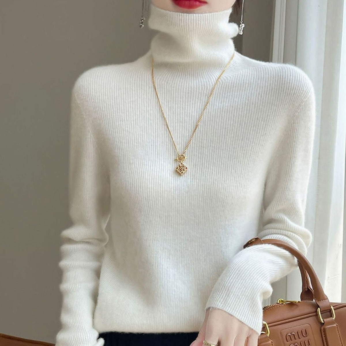 Women's Slim-Fit Ribbed Turtleneck Knit Jumper