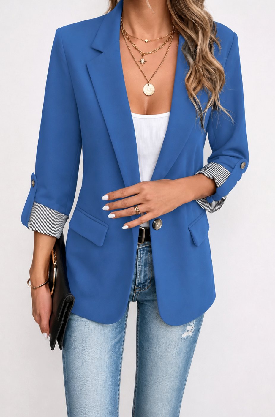 Women's Striped-Cuff Roll-Sleeve Soft-Tailored Blazer, Blue