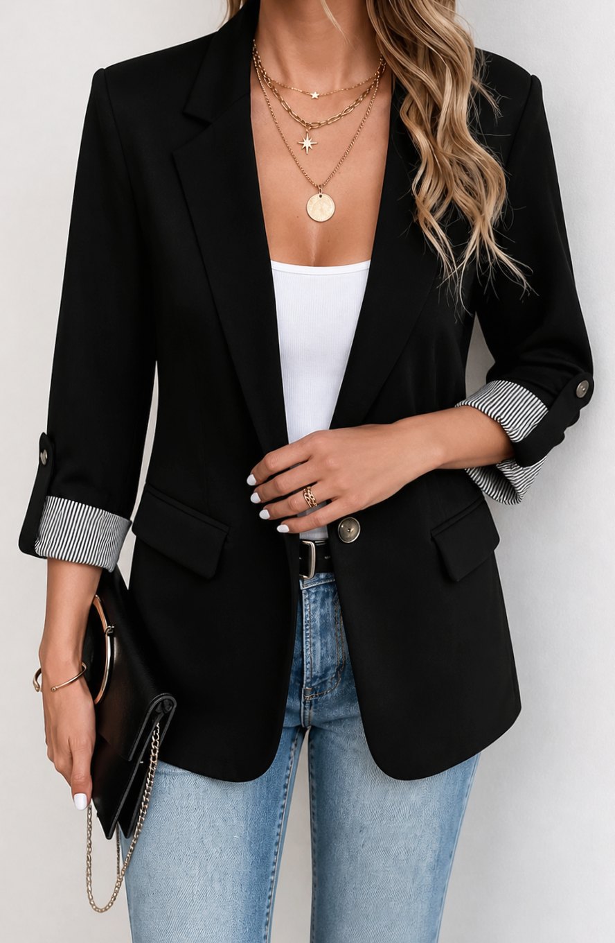 Women's Striped-Cuff Roll-Sleeve Soft-Tailored Blazer, Blue