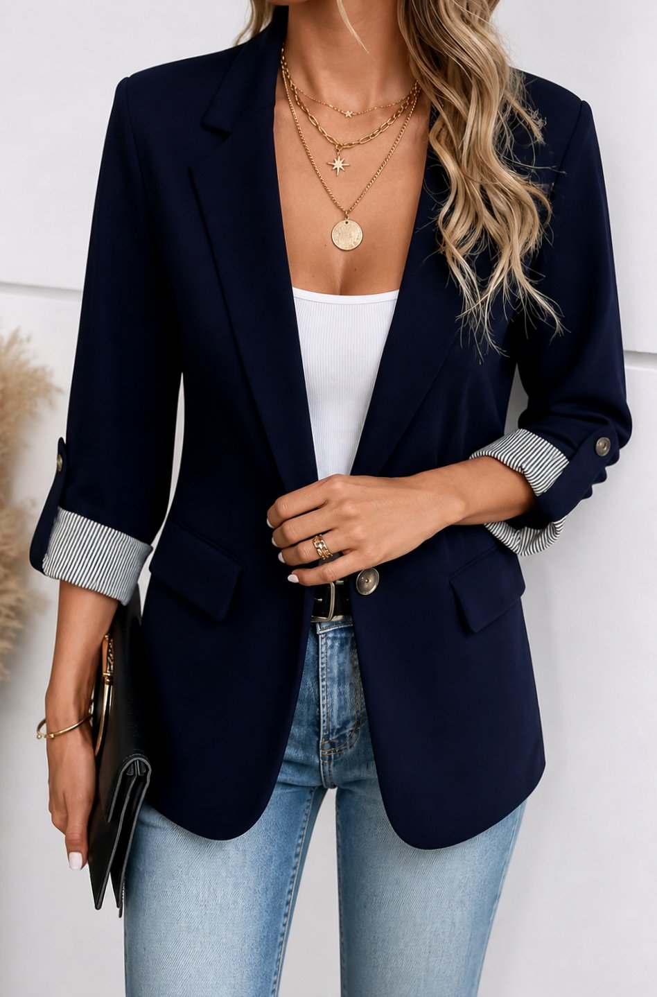 Women's Striped-Cuff Roll-Sleeve Soft-Tailored Blazer, Blue