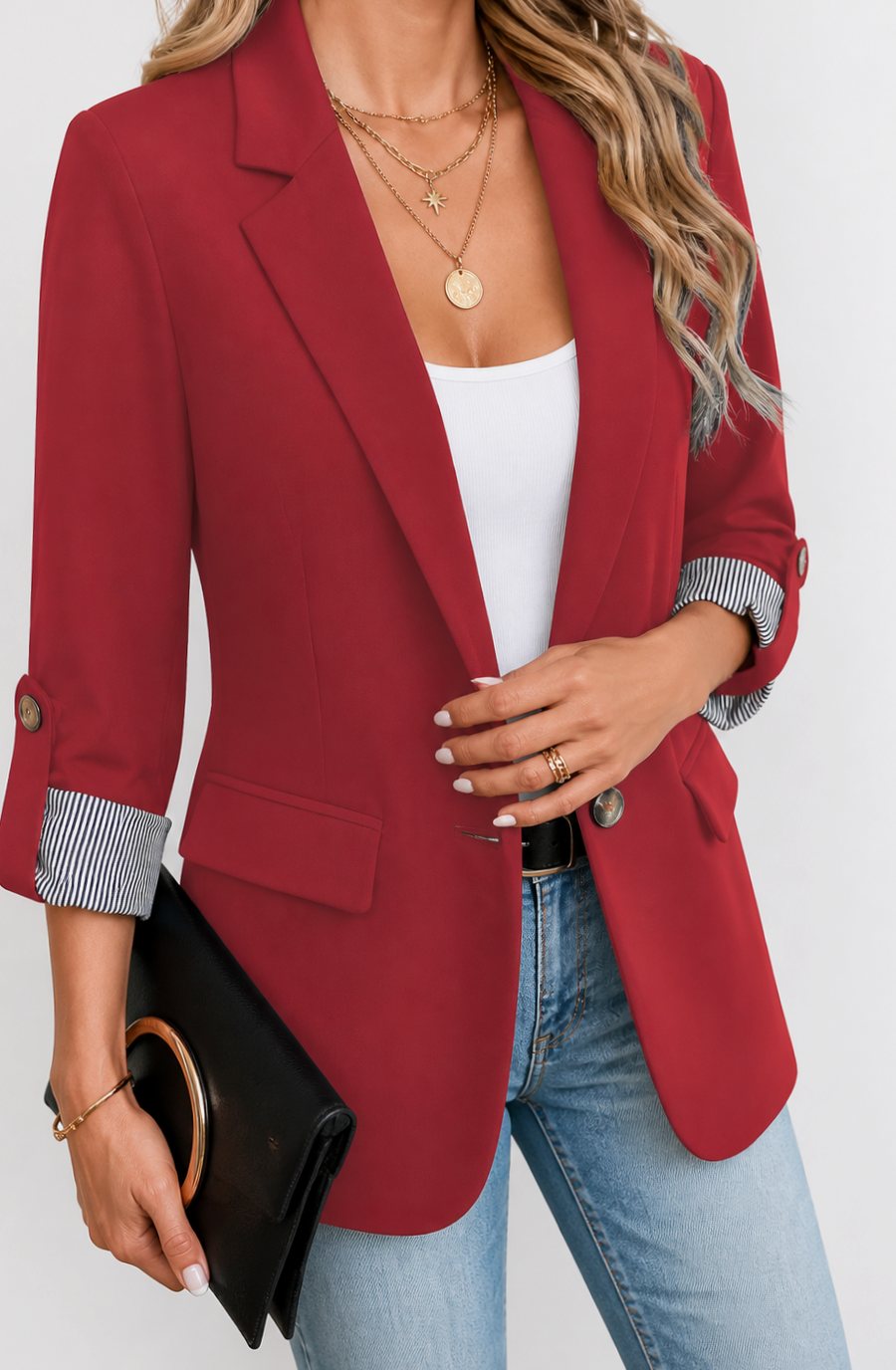 Women's Striped-Cuff Roll-Sleeve Soft-Tailored Blazer, Blue