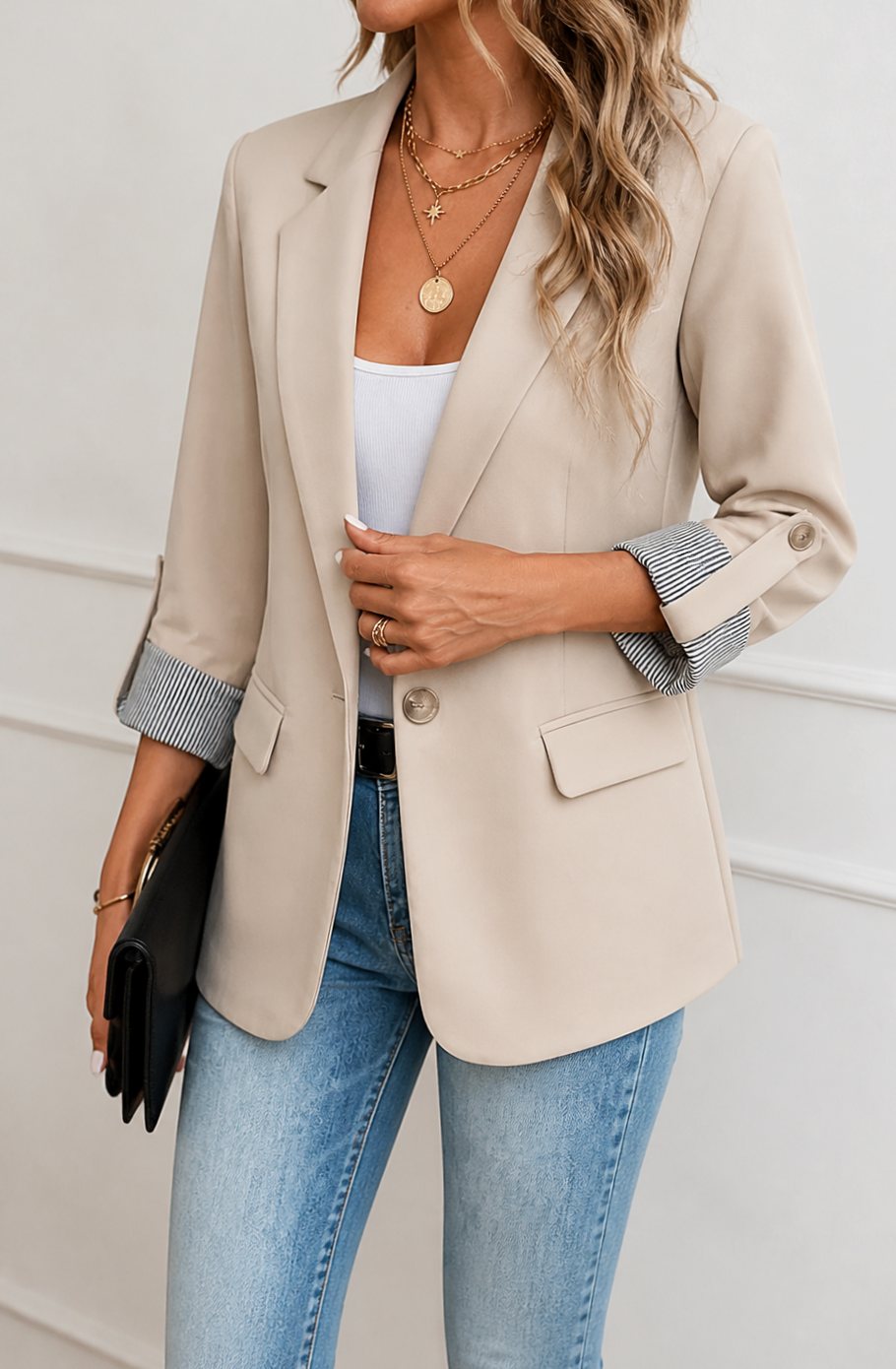 Women's Striped-Cuff Roll-Sleeve Soft-Tailored Blazer, Blue