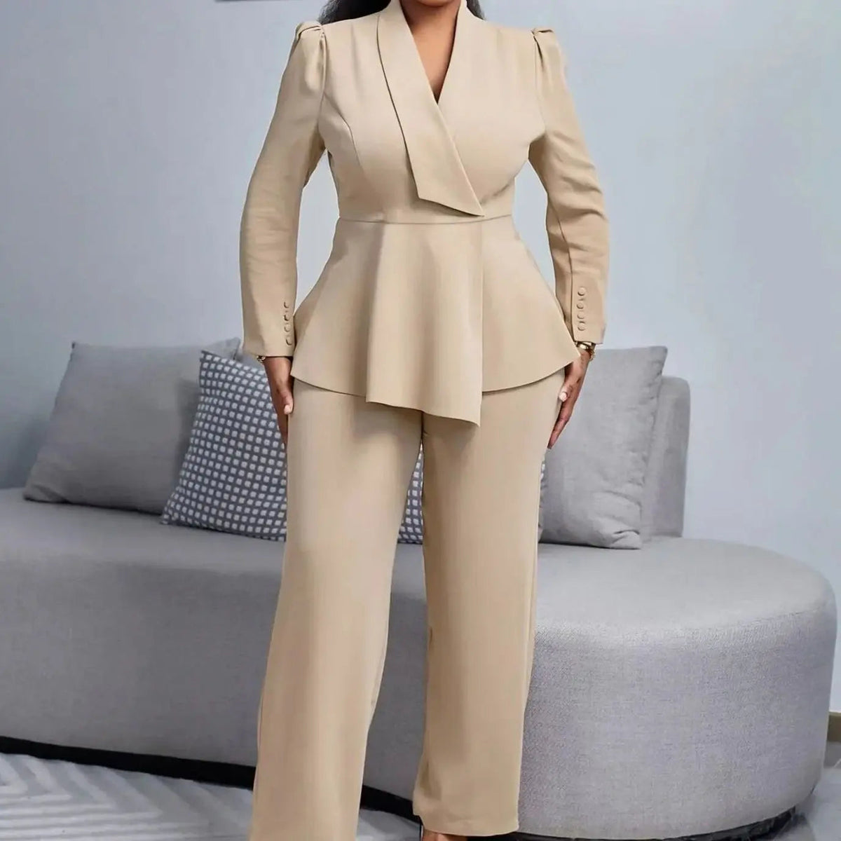 Women's Tailored Peplum Blazer Wide-Leg Trouser Suit Set