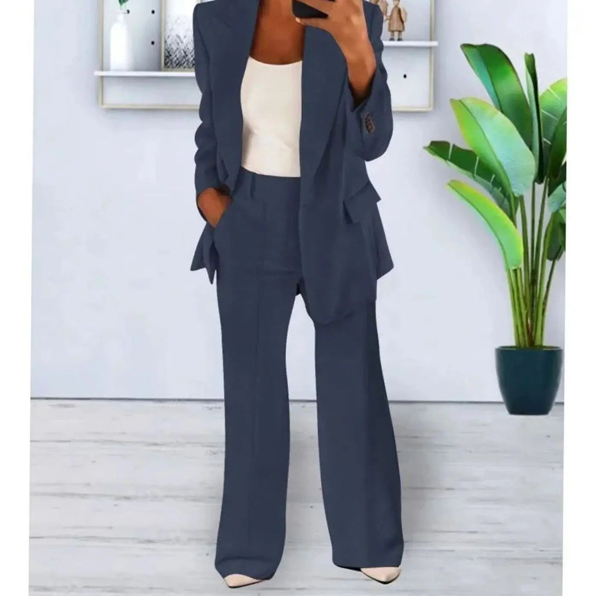 Women's Tailored Two-Piece Suit Set Long Blazer Wide-Leg Trousers