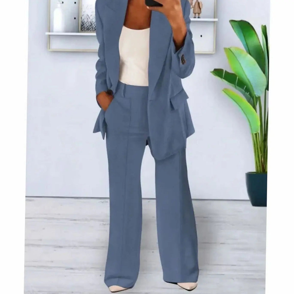 Women's Tailored Two-Piece Suit Set Long Blazer Wide-Leg Trousers