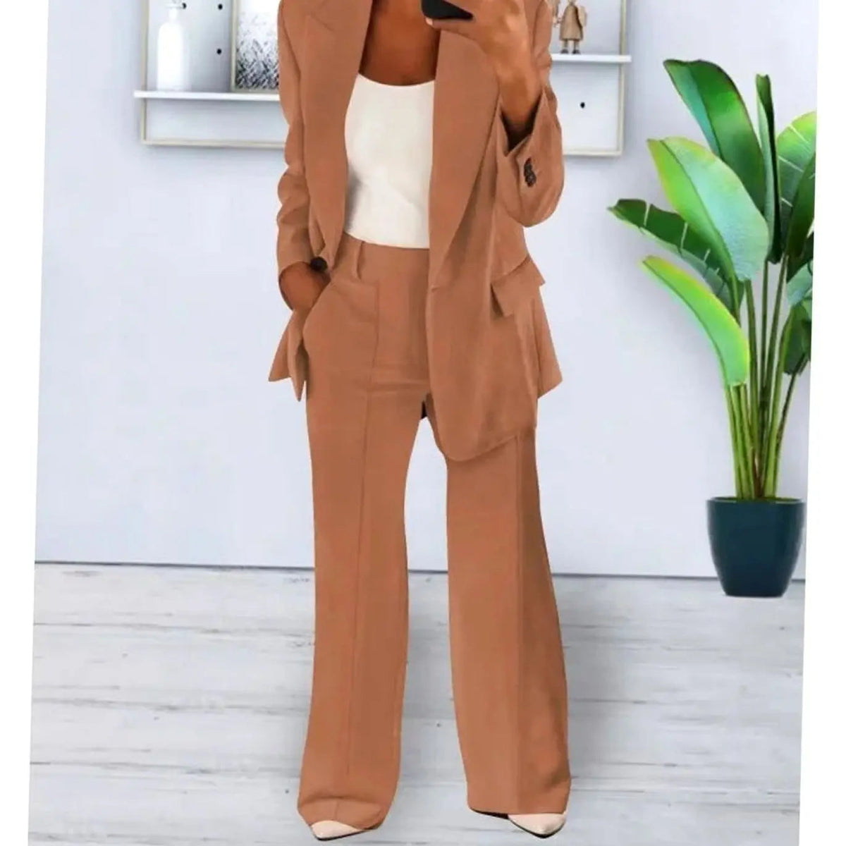Women's Tailored Two-Piece Suit Set Long Blazer Wide-Leg Trousers