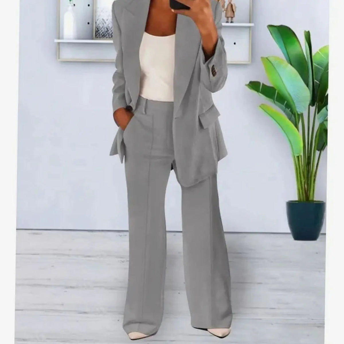 Women's Tailored Two-Piece Suit Set Long Blazer Wide-Leg Trousers