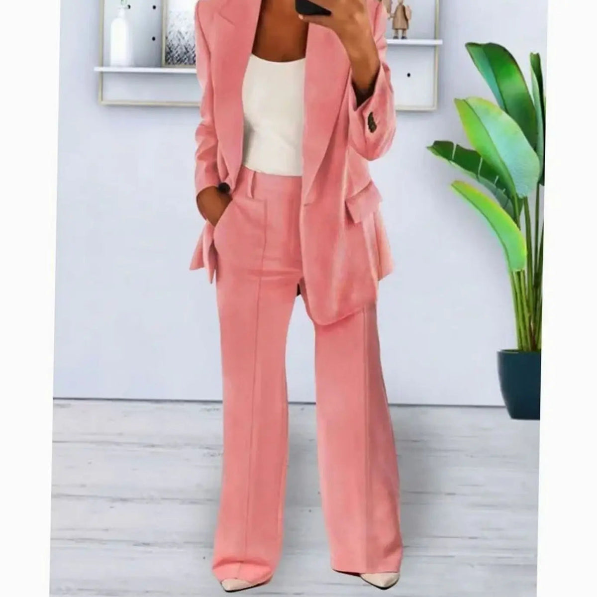 Women's Tailored Two-Piece Suit Set Long Blazer Wide-Leg Trousers