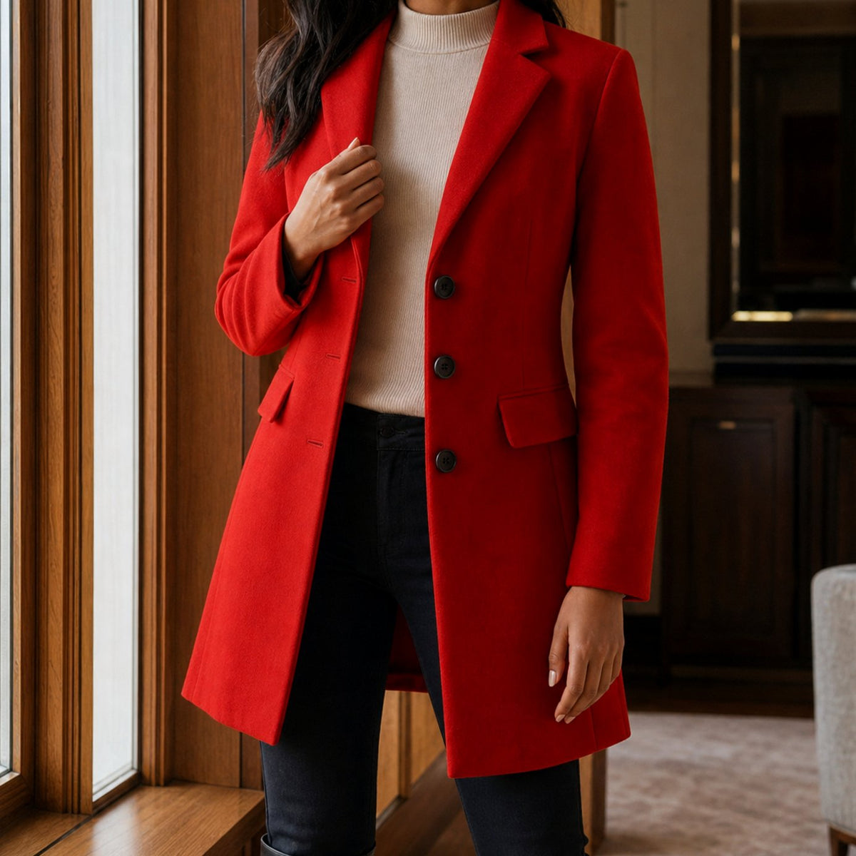 Women's Tailored Wool-Blend Notched-Lapel Button-Front Coat