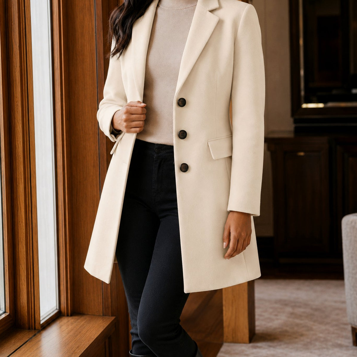 Women's Tailored Wool-Blend Notched-Lapel Button-Front Coat