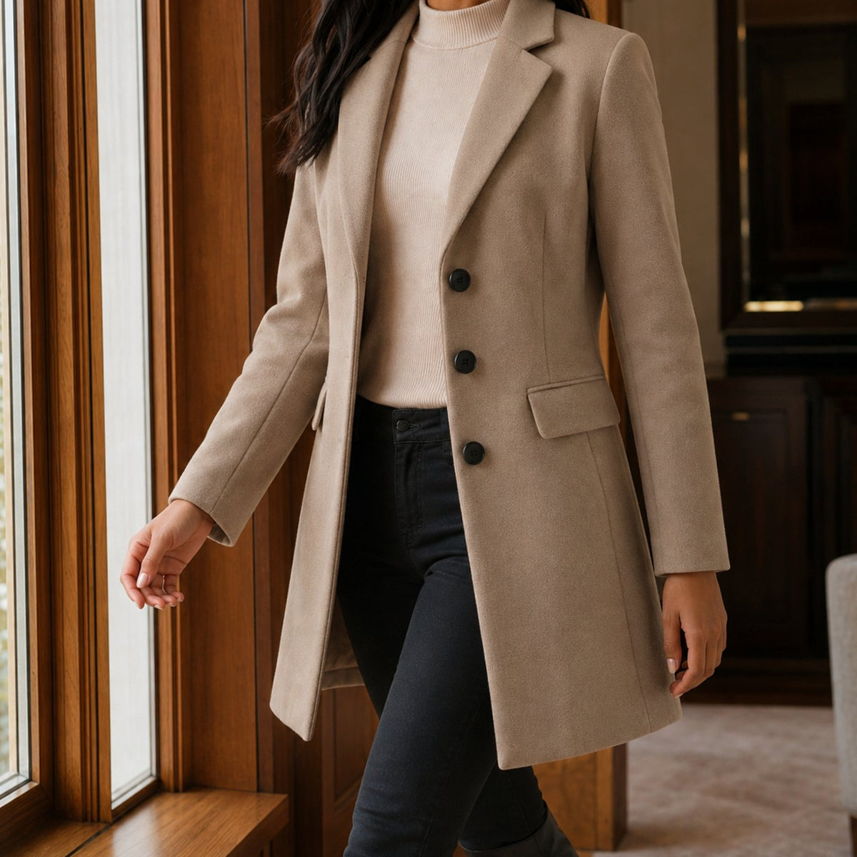 Women's Tailored Wool-Blend Notched-Lapel Button-Front Coat