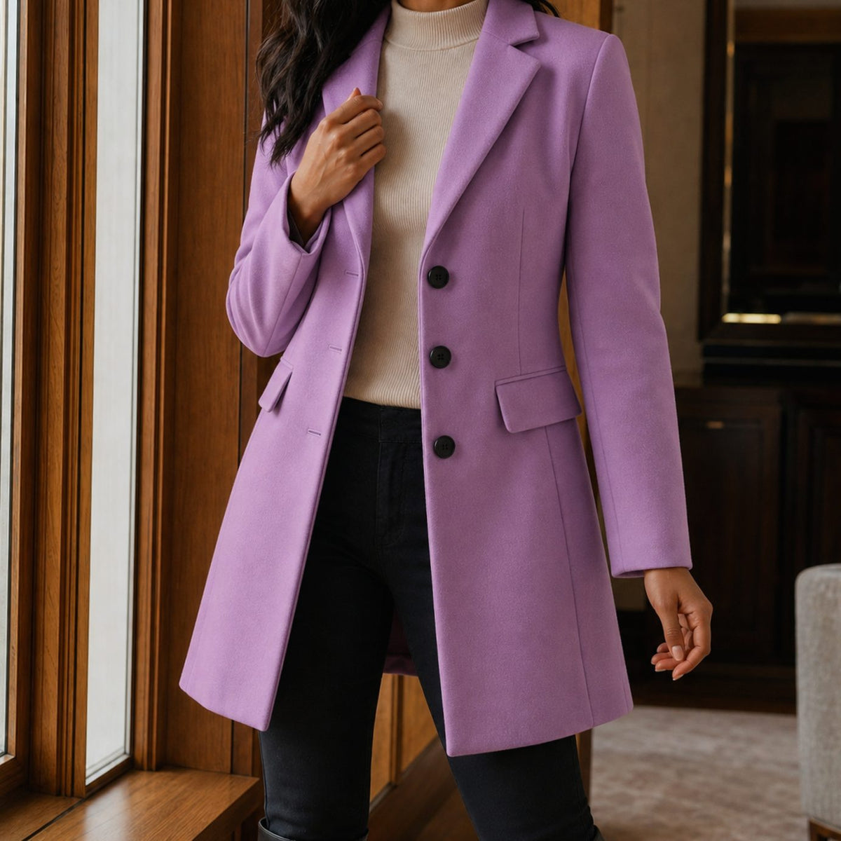 Women's Tailored Wool-Blend Notched-Lapel Button-Front Coat