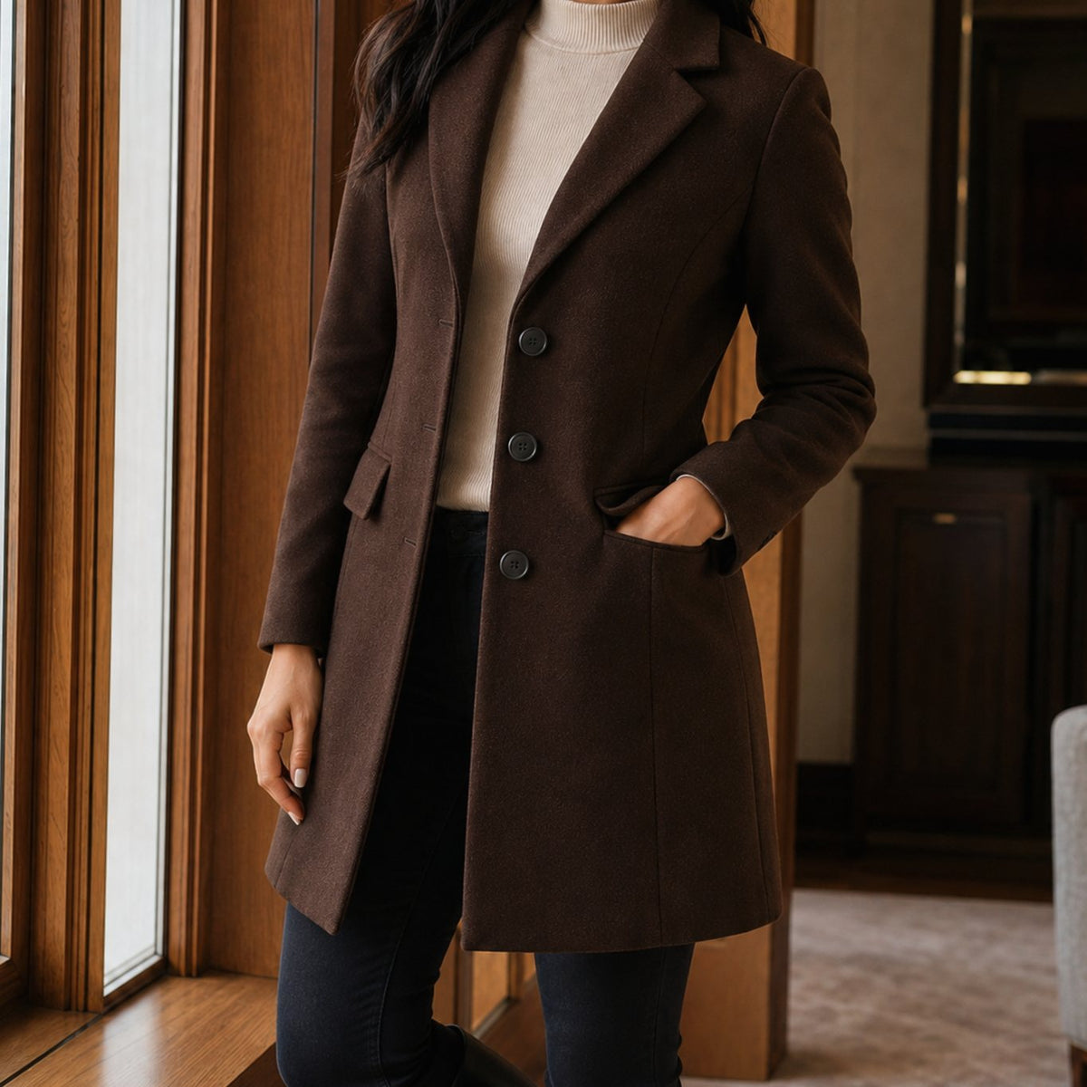 Women's Tailored Wool-Blend Notched-Lapel Button-Front Coat