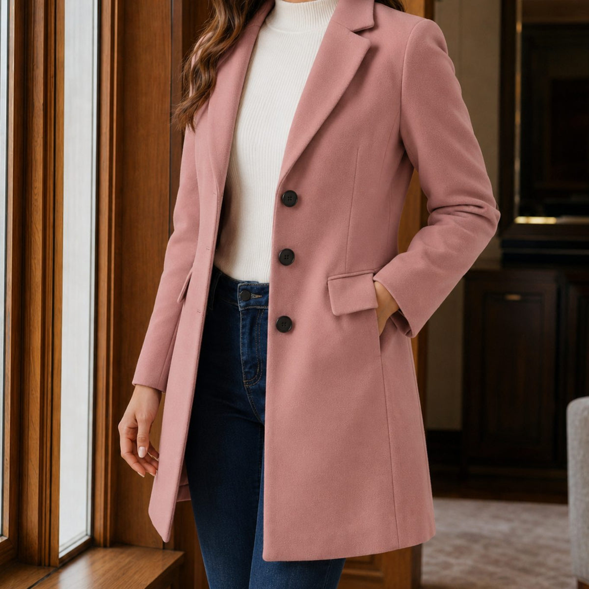 Women's Tailored Wool-Blend Notched-Lapel Button-Front Coat