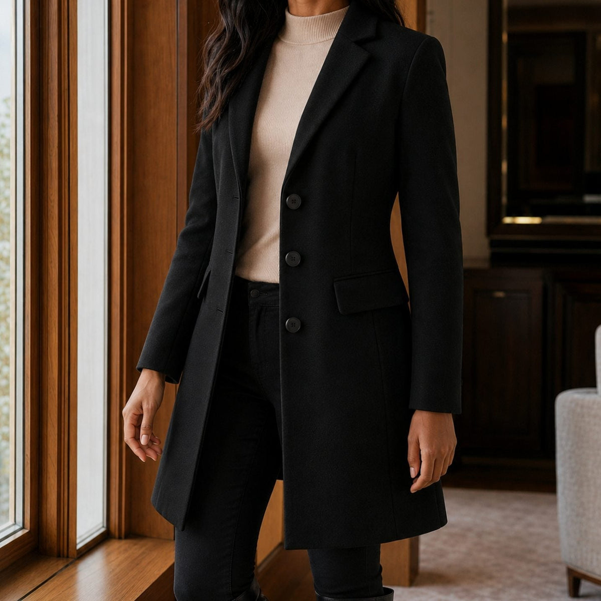 Women's Tailored Wool-Blend Notched-Lapel Button-Front Coat