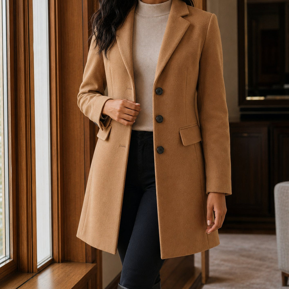 Women's Tailored Wool-Blend Notched-Lapel Button-Front Coat
