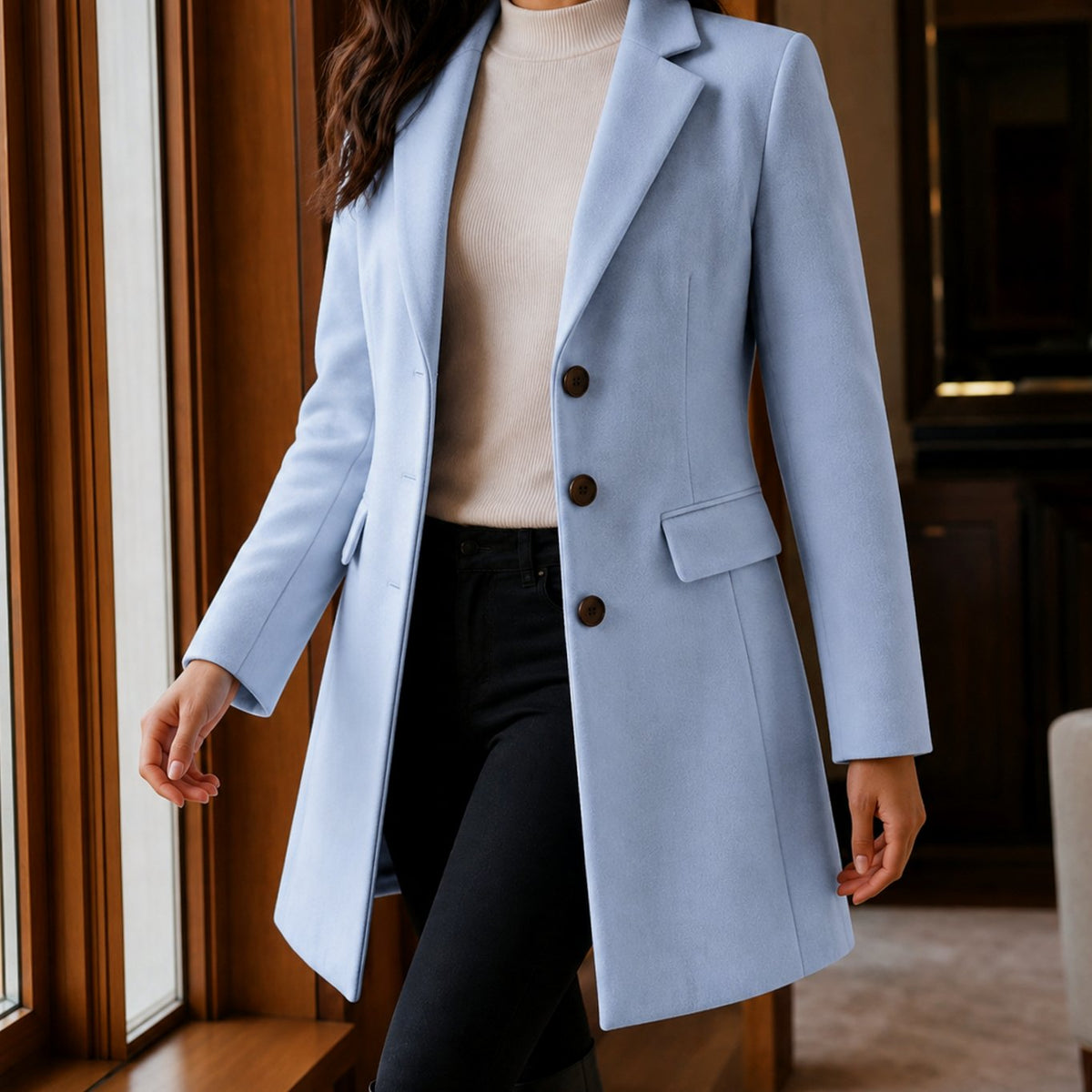 Women's Tailored Wool-Blend Notched-Lapel Button-Front Coat