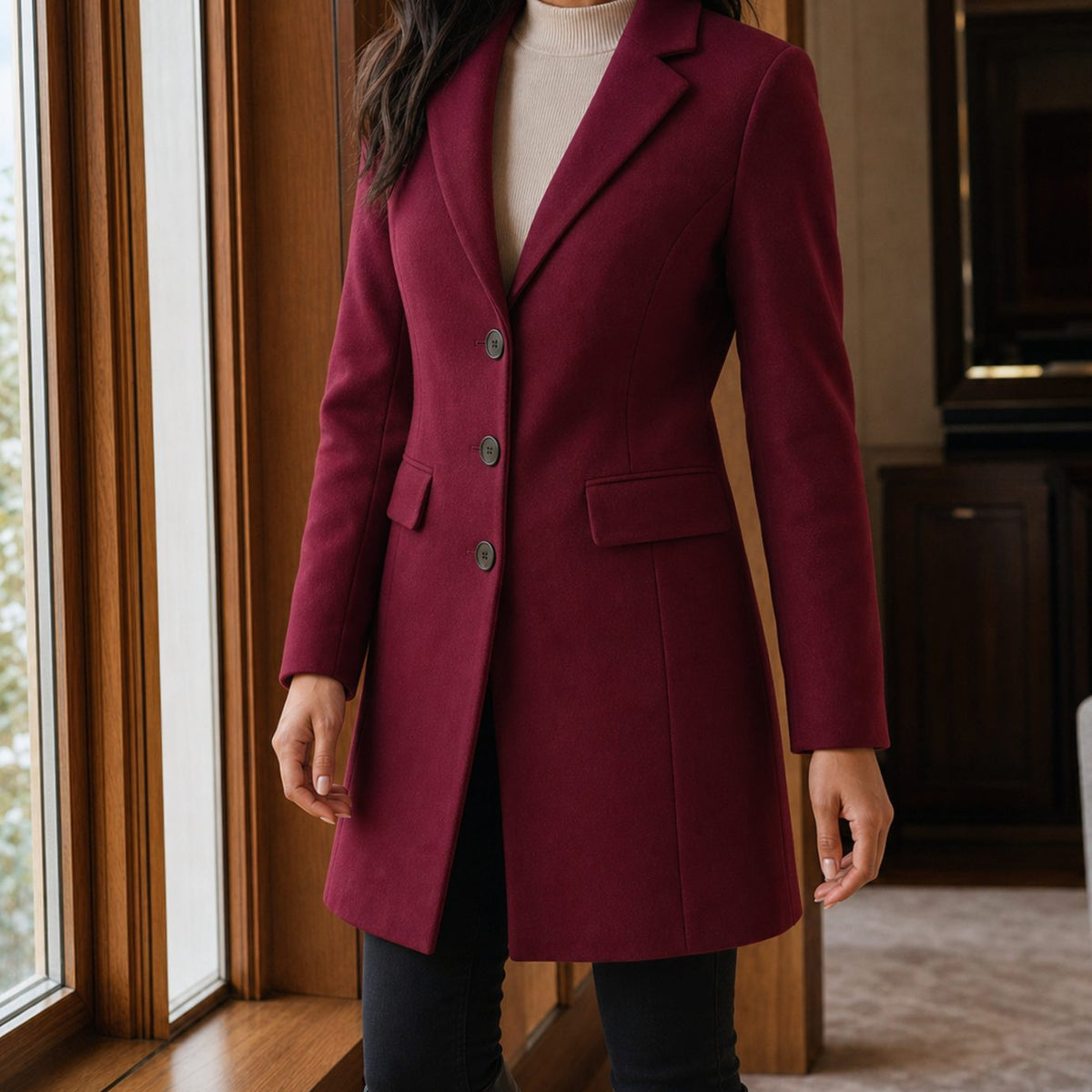Women's Tailored Wool-Blend Notched-Lapel Button-Front Coat