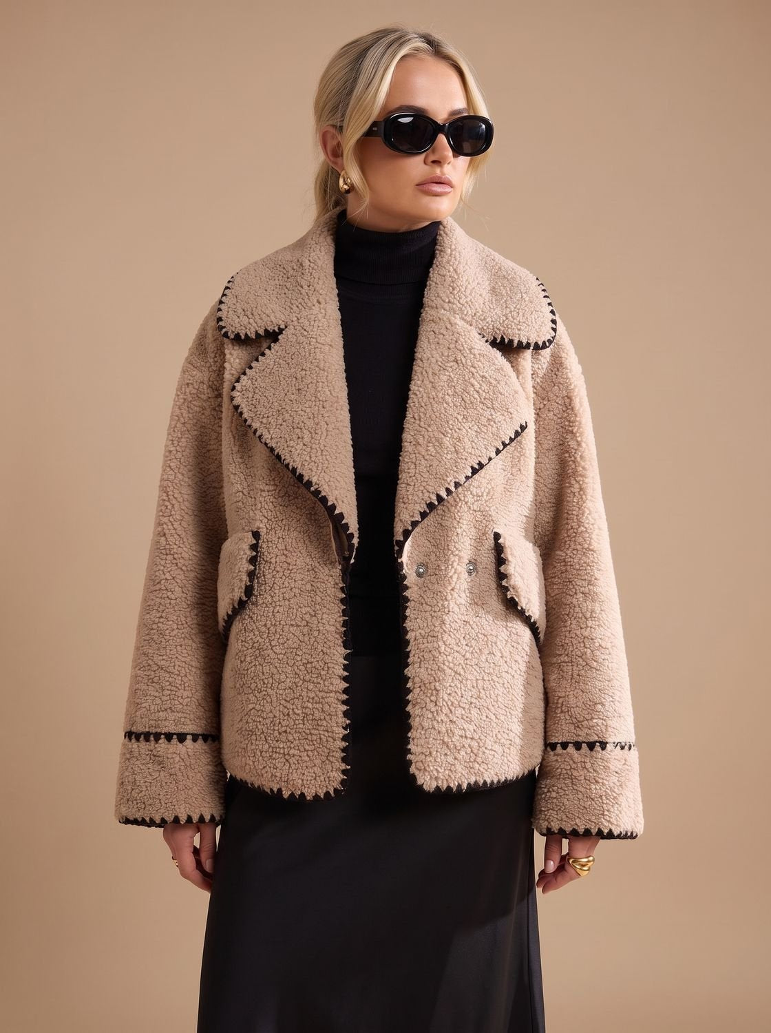 Amelia | Women's Teddy Faux Fur Bomber Jacket Contrast Trim