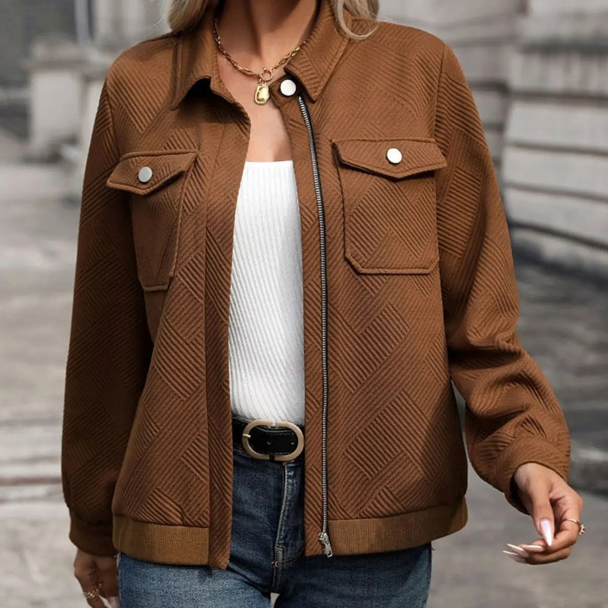 Women's Textured Zip-Up Long-Sleeve Jacket Chest Pockets