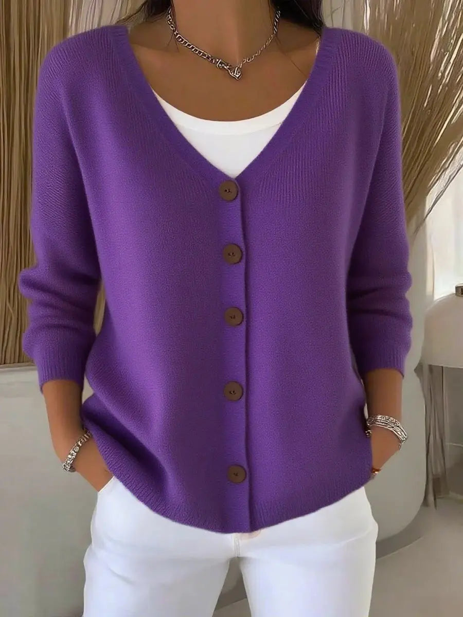 Women's V-Neck Button-Front Long Sleeve Knit Sweater