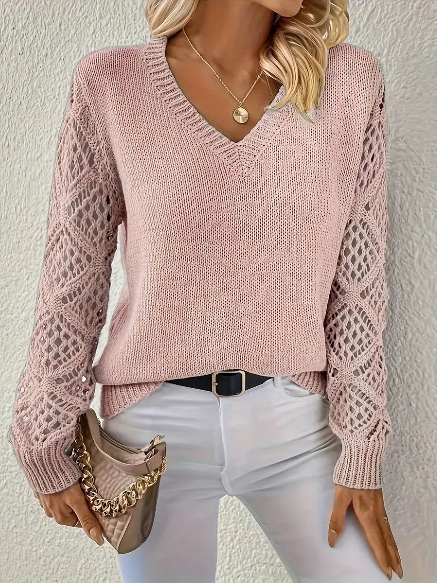 Women's V-Neck Hollow Sleeve Knit Sweater Jumper