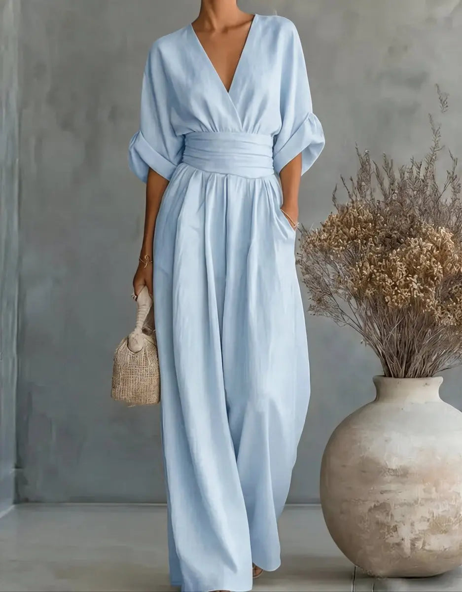 Women's V-Neck Wrap-Bodice Wide-Leg Jumpsuit