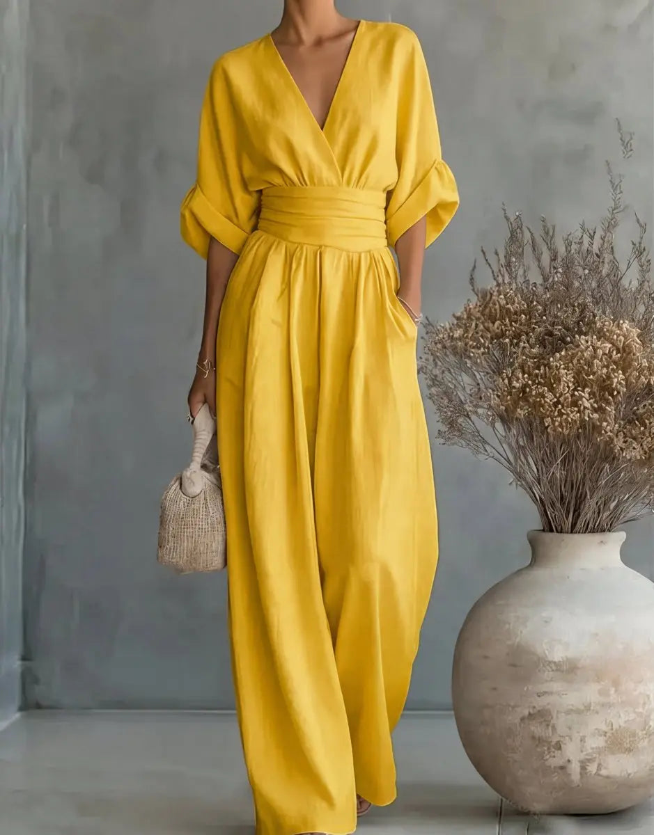 Women's V-Neck Wrap-Bodice Wide-Leg Jumpsuit