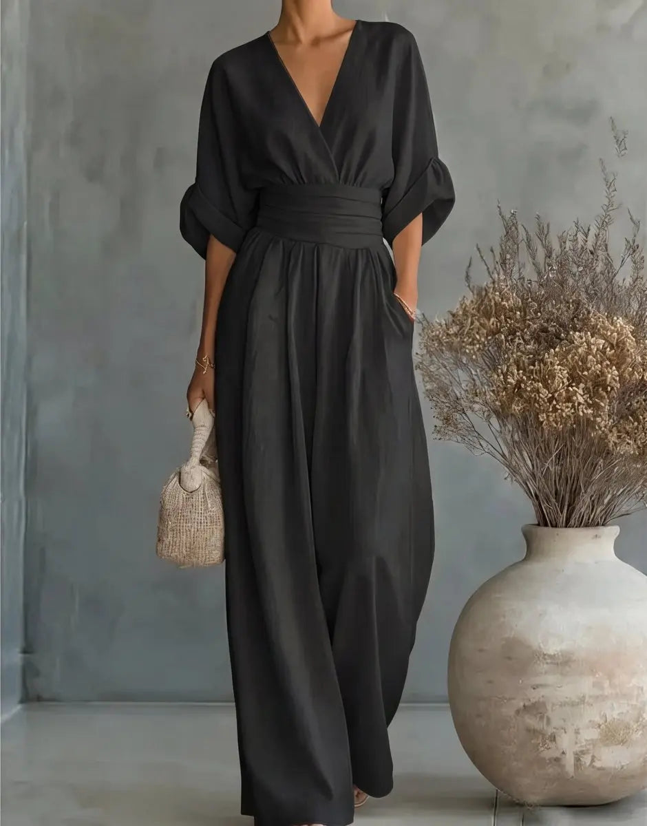 Women's V-Neck Wrap-Bodice Wide-Leg Jumpsuit