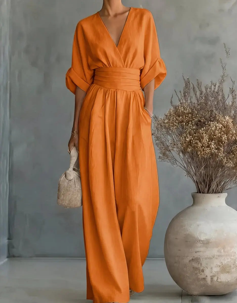 Women's V-Neck Wrap-Bodice Wide-Leg Jumpsuit