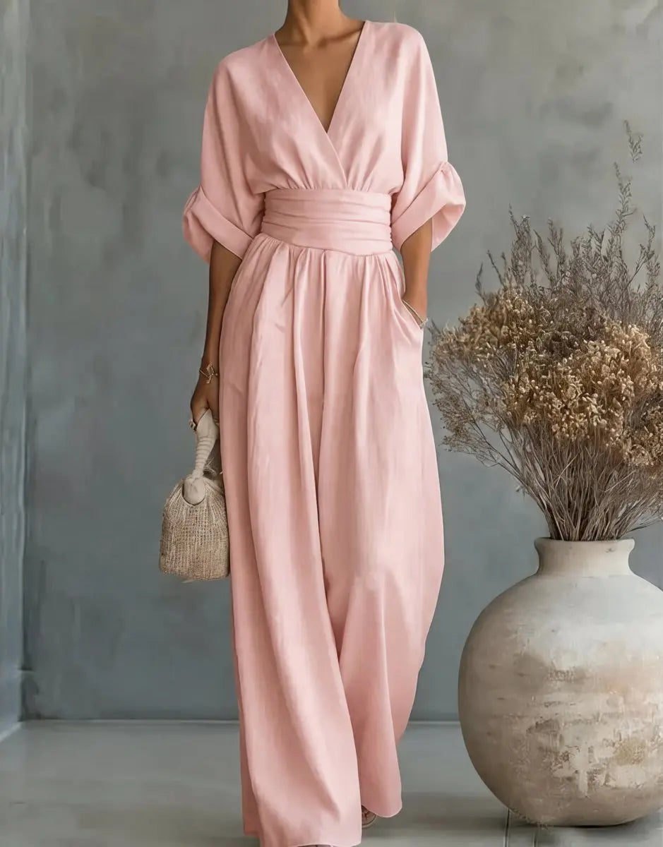 Women's V-Neck Wrap-Bodice Wide-Leg Jumpsuit
