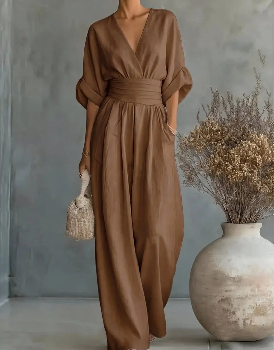 Women's V-Neck Wrap-Bodice Wide-Leg Jumpsuit