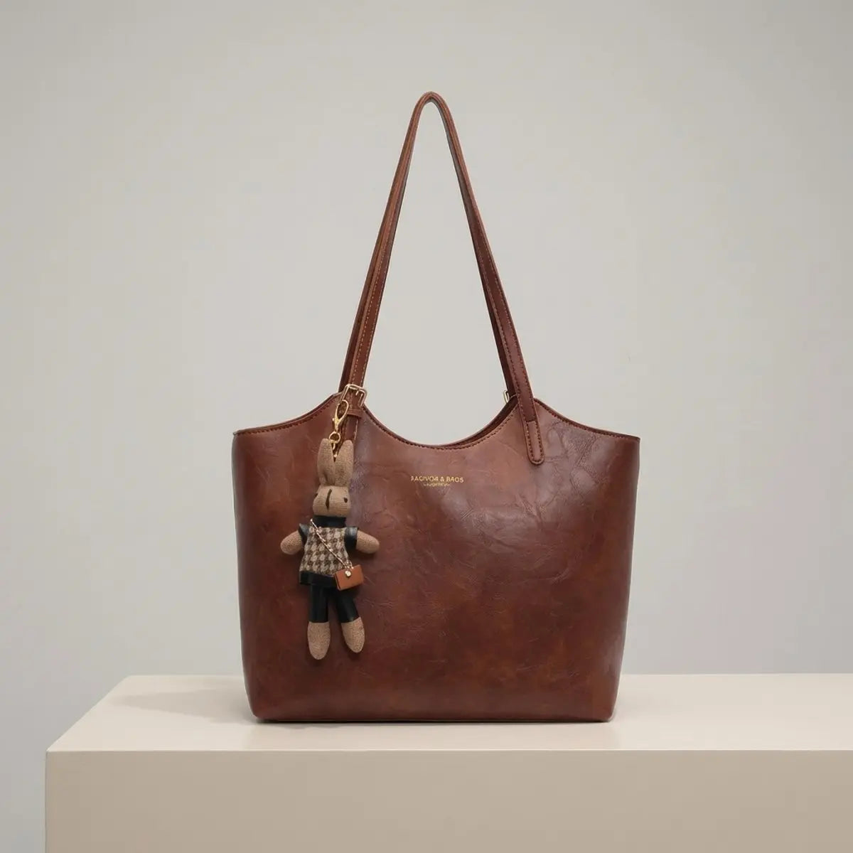 Women's Vegan Leather Shoulder Tote Bag Plush Bunny Charm