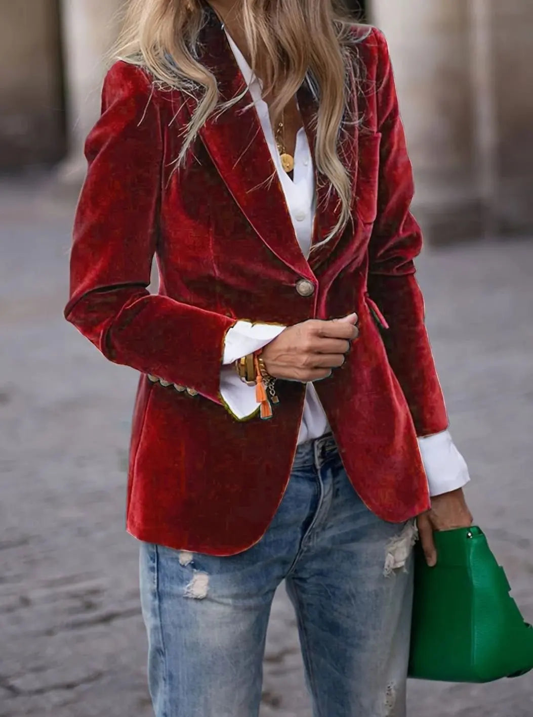 Women's Velvet Single-Button Casual Blazer Tailored Jacket
