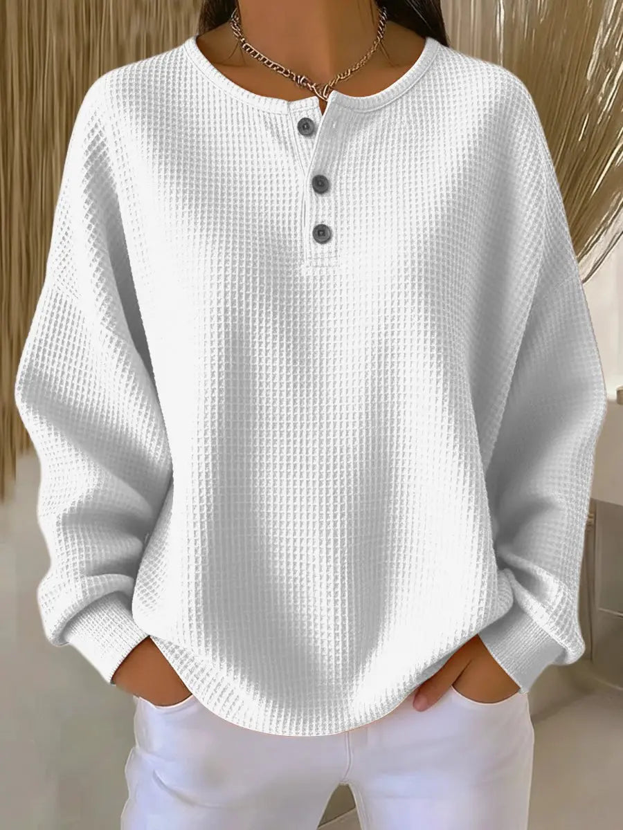 Women's Waffle Knit Sweater Long Sleeve Henley Pullover Top