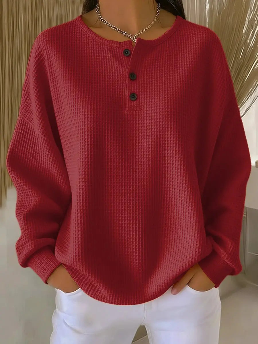 Women's Waffle Knit Sweater Long Sleeve Henley Pullover Top