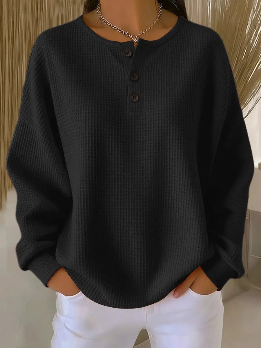 Women's Waffle Knit Sweater Long Sleeve Henley Pullover Top