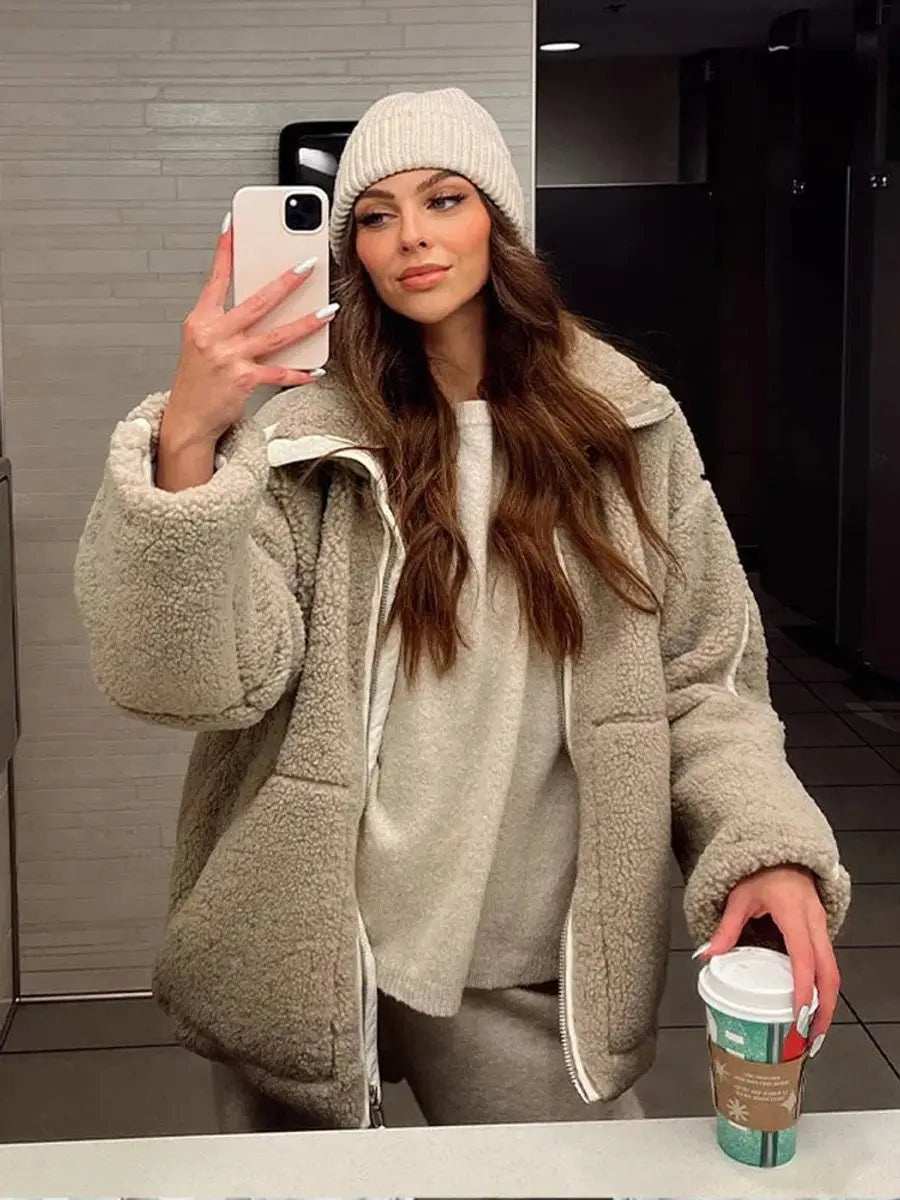 Women's Winter Coat Relaxed Fit Teddy Fleece Zip-Up Jacket