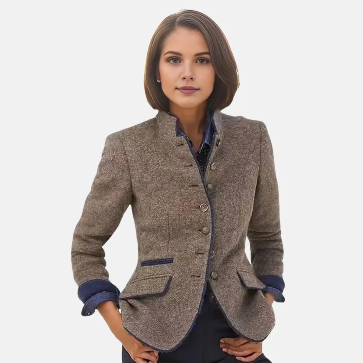 Women's Winter Coat Tweed Blazer Jacket Stand Collar Button Front