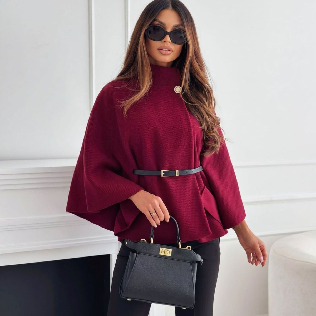 Women's Wool Blend Batwing Cape Belted Winter Coat Jacket