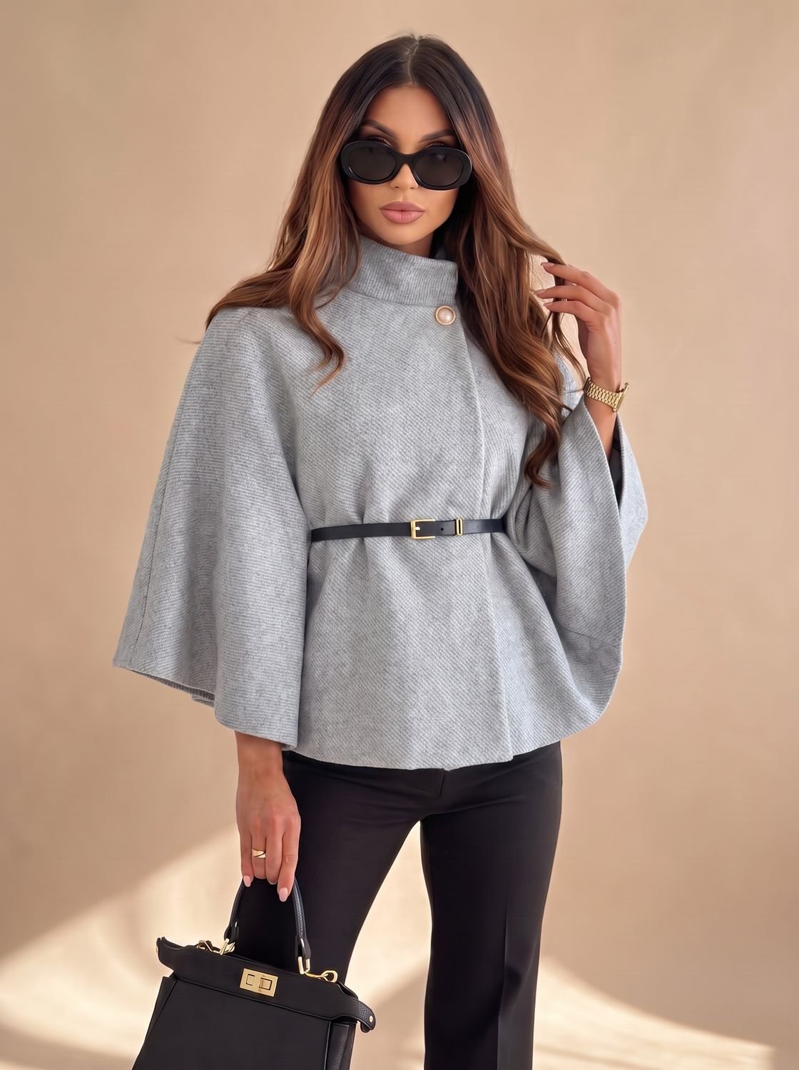 Lily | Women's Wool Blend Batwing-Sleeve Belted Cape Jacket