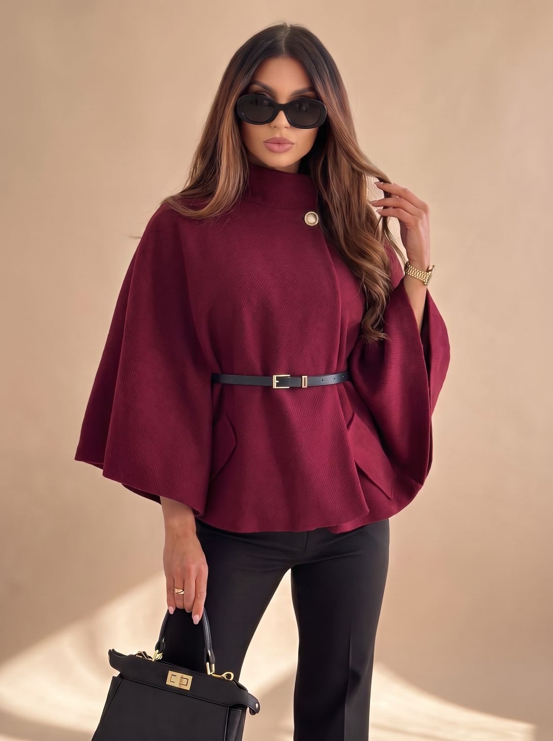Lily | Women's Wool Blend Batwing-Sleeve Belted Cape Jacket