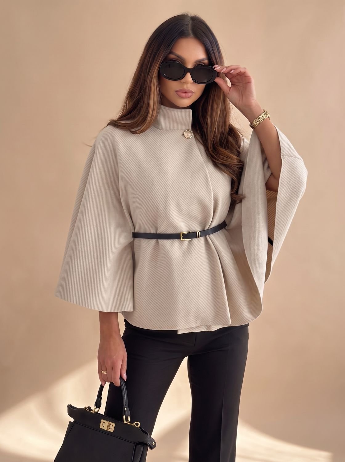 Lily | Women's Wool Blend Batwing-Sleeve Belted Cape Jacket