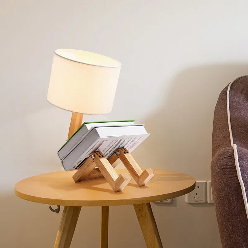 Adjustable Foldable Robot Shaped Wooden Table Lamp With Book Holder