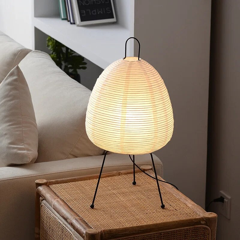 Minimalist Zen Japanese Rice Paper Tripod Table Lamp with Ambient Lighting